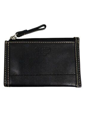 COACH Small Black Leather Wallet Key Chain Coin Purse White Stitching Zip Pouch